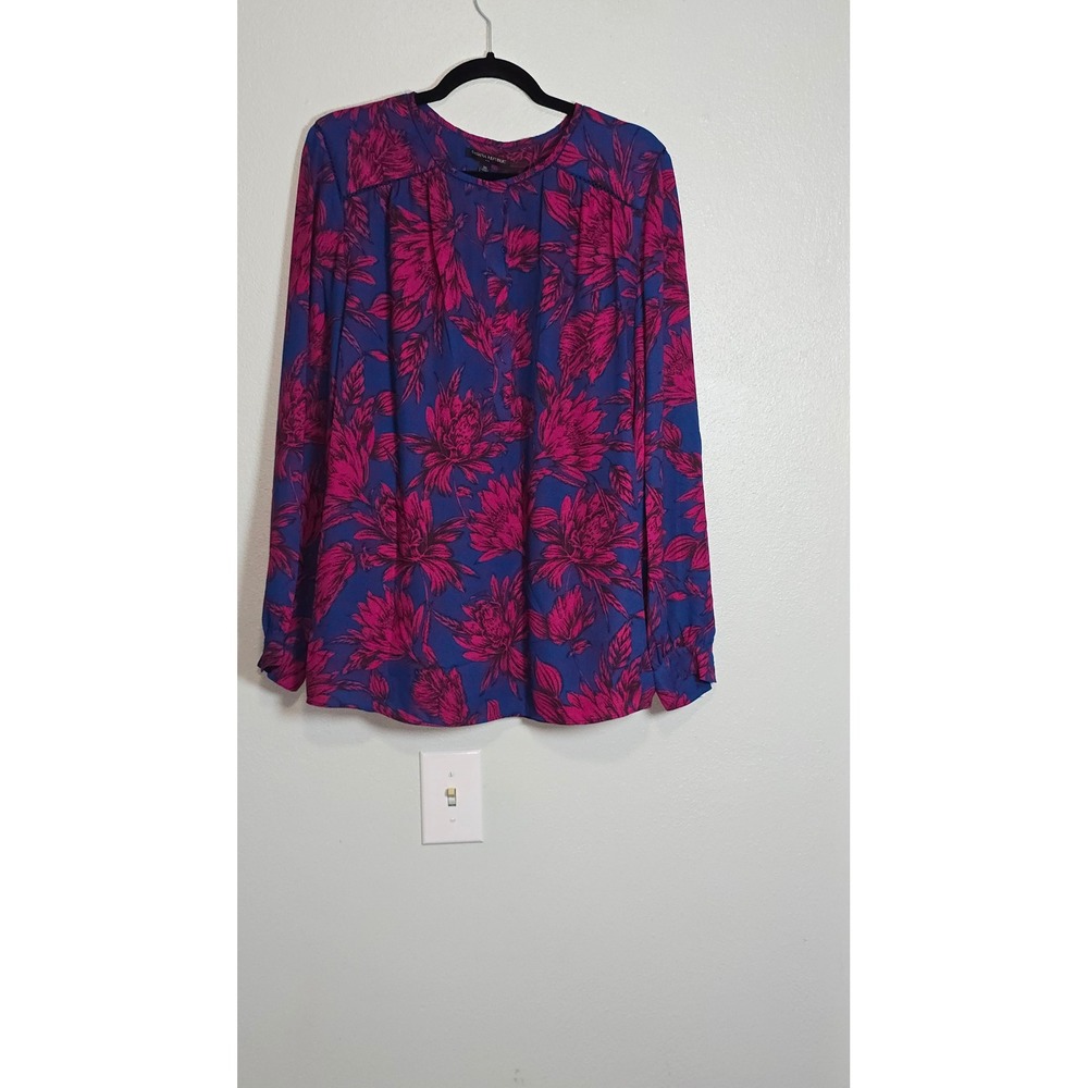 Banana Republic Womens XL Blue Magenta Floral Long Sleeve Pleated Blouse Top